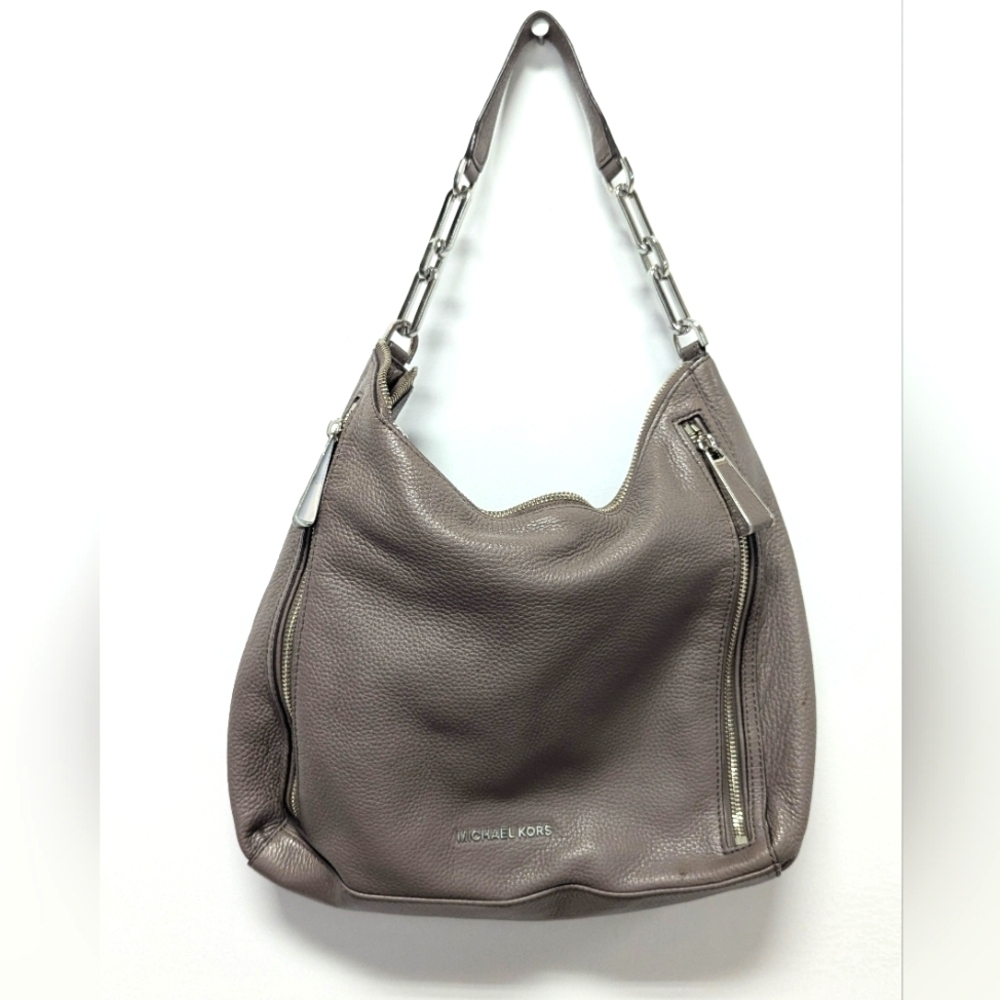 Michael Kors Grey Leather Shoulder Bag Large Zip Tabs Chain Detail